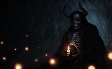 Картинка фэнтези нежить огонь рога череп фон скелет