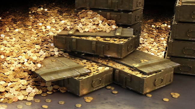 Обои картинки фото разное, золото,  купюры,  монеты, ящики, золотые, монеты