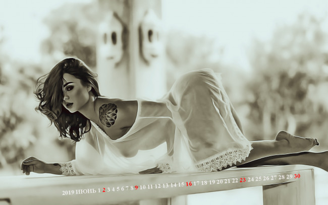 Обои картинки фото календари, компьютерный дизайн, модель, поза, тату, взгляд, девушка