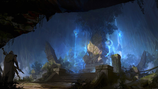 Обои картинки фото фэнтези, иные миры,  иные времена, воин, пещера, трон, ступени