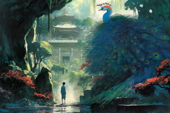 Картинка аниме животные +существа павлин