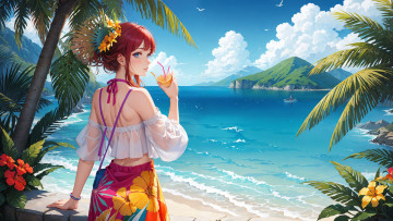 Картинка аниме пейзажи +природа нейросети графика нейроарт ai art нейронные сети рисунки нейро искусство красивая девушка побережье море отдых