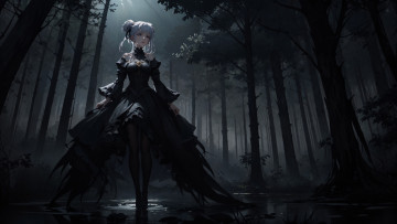 Картинка аниме пейзажи +природа нейросети графика нейроарт ai art нейронные сети рисунки нейро искусство красивая девушка в темном лесу