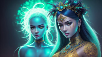 Картинка две+девушки+вместе фэнтези девушки girl fantasy green eyes art spirit digital driada stable diffusion neuronet ai