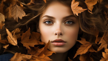 Картинка 3д+графика портреты+и+лица+ portraits+and+faсes шатенка листья