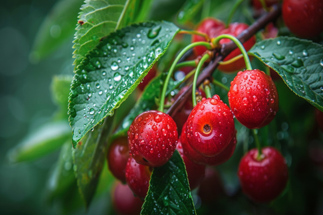 Обои картинки фото природа, ягоды, вишни, ветка, капли