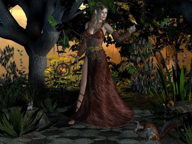 Обои картинки фото 3д, графика, elves, эльфы, деревья, птица, эльфиека