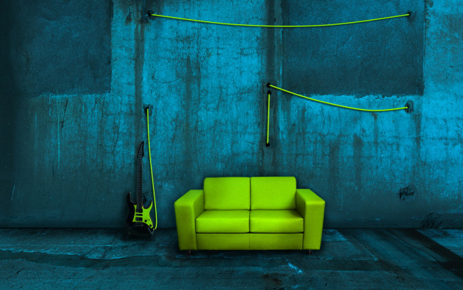 Обои картинки фото 3д, графика, realism, реализм, диван, стена, гитара