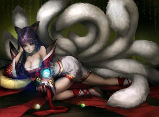 Картинка league+of+legends фэнтези существа шарики арт хвосты уши девушка ahri ленты магия league of legends