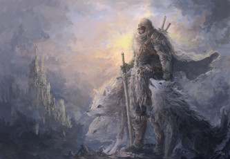 Картинка фэнтези люди меч замок волки человек