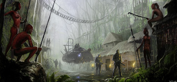 Картинка фэнтези люди поселение туземцы летательный аппарат лес деревня