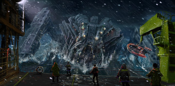 Картинка фэнтези роботы +киборги +механизмы робот люди море