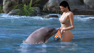 обоя 3д графика, люди , people, дельфин, море, девушка