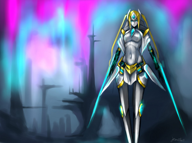 Обои картинки фото league of legends, фэнтези, роботы,  киборги,  механизмы, league, of, legends, краски, город, оружие, девушка