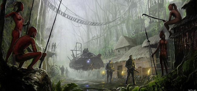 Обои картинки фото фэнтези, люди, поселение, туземцы, летательный, аппарат, лес, деревня