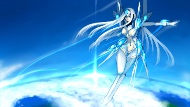 Обои картинки фото league of legends, фэнтези, роботы,  киборги,  механизмы, взгляд, девушка, полет, магия, облака, league, of, legends