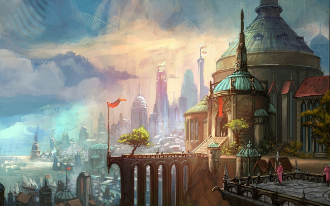 Обои картинки фото league of legends, фэнтези, иные миры,  иные времена, demacia, пейзаж, арт, league, of, legends, деревья, люди, море, город