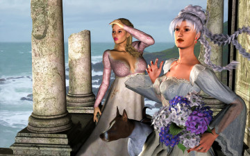 Картинка 3д+графика люди+ people девушки взгляд фон собака колоны цветы море