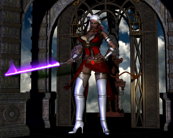 Обои картинки фото 3д графика, фантазия , fantasy, девушка, взгляд, фон, оружие