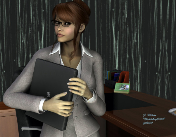 Обои картинки фото 3д графика, люди , people, девушка, взгляд, фон, ноутбук