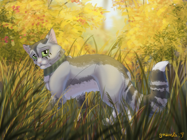 Обои картинки фото рисованное, животные,  коты, деревья, трава, осень