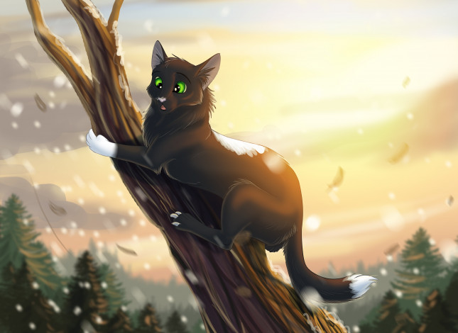 Обои картинки фото рисованное, животные,  коты, кот, взгляд, фон, ветка