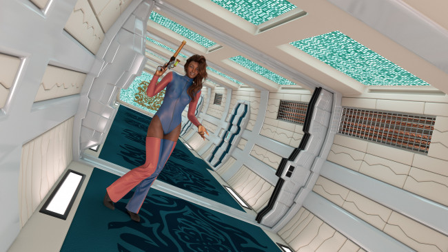 Обои картинки фото 3д графика, фантазия , fantasy, оружие, фон, взгляд, девушка