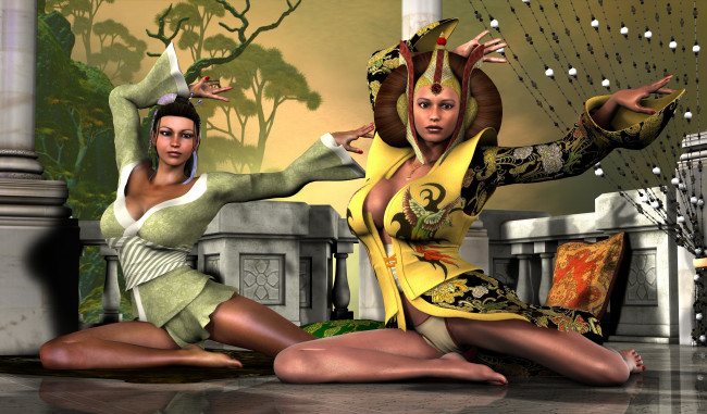 Обои картинки фото 3д графика, люди , people, девушки, взгляд, фон, поза