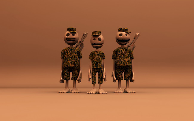 Обои картинки фото 3д графика, армия , military, человечки, оружие, кепки, камуфляж, босиком, солдаты, улыбки