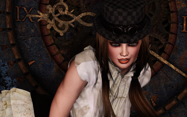 Обои картинки фото 3д графика, люди , people, волсы, шляпа, фон, взгляд, девушка