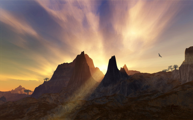 Обои картинки фото 3д графика, природа , nature, горы, закат, вечер, лучи, птица