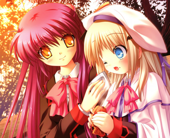 Обои картинки фото little busters, аниме, фон, взгляд, девушки