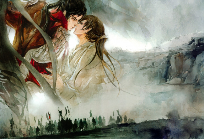 Обои картинки фото аниме, unknown,  другое, конница, парни, армия, знамена, рисунок, длинные, волосы, акварель, eno, туман, доспехи, art