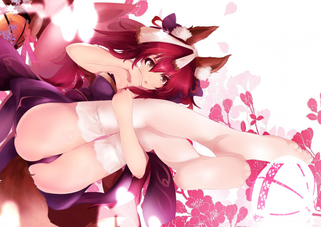 Обои картинки фото аниме, животные,  существа, цветы, ушки, девушка, хвост