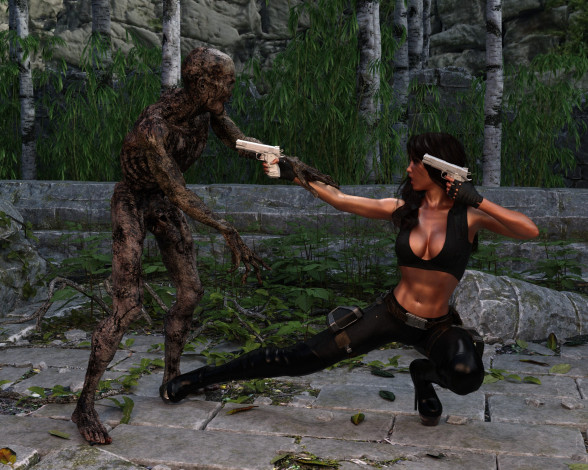 Обои картинки фото 3д графика, фантазия , fantasy, оружие, фон, девушка, взгляд