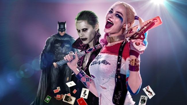 Обои картинки фото кино фильмы, suicide squad, карты, фон, взгляд, бита, мужчины, девушка