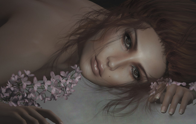 Обои картинки фото 3д графика, портрет , portraits, настроение, грусть, волосы, цветы, девушка