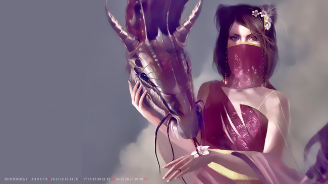 Обои картинки фото календари, фэнтези, 2019, calendar, цветок, женщина, взгляд, дракон, девушка