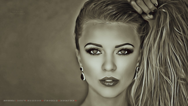 Обои картинки фото календари, компьютерный дизайн, 2019, calendar, женщина, волосы, взгляд, лицо, девушка