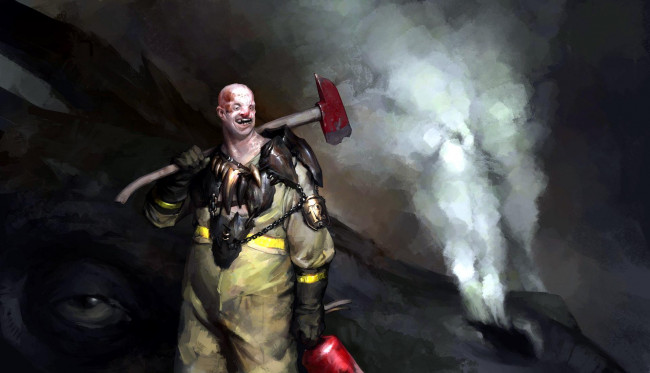 Обои картинки фото фэнтези, драконы, пожарный, топор, огнетушитель, дракон