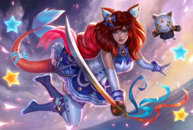 Обои картинки фото фэнтези, существа, девушка, фон, взгляд, хвост, ушки, сабля