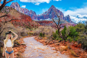 Картинка девушки -+блондинки +светловолосые горы дорога блондинка шляпа топ шорты