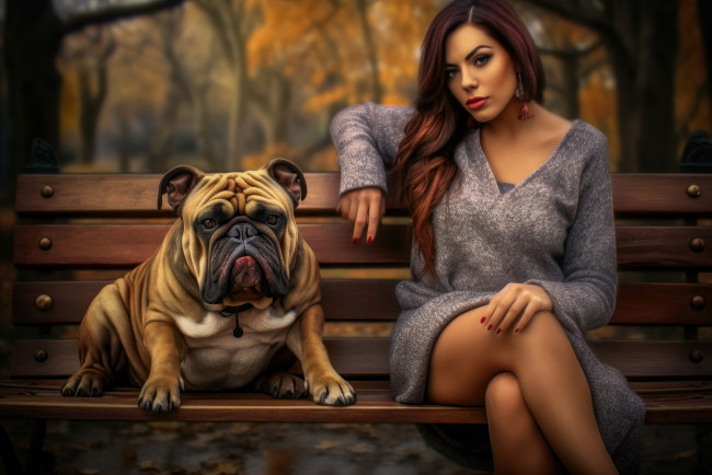 Обои картинки фото девушки, - рыжеволосые и разноцветные, скамейка, макияж, поза, собака