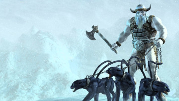 обоя видео игры, baldur`s gate,  dark alliance, викинг, великан, топор, снег, цепи, пантеры