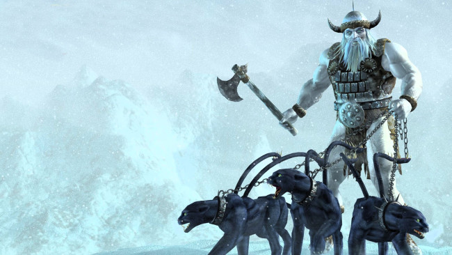 Обои картинки фото видео игры, baldur`s gate,  dark alliance, викинг, великан, топор, снег, цепи, пантеры