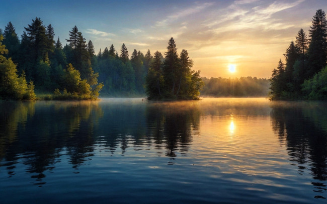 Обои картинки фото рисованное, природа, лес, озеро, восход, туман