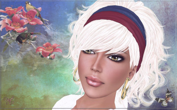 Картинка 3д графика portraits портрет блондинка цветы бабочки птицы