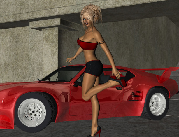 Обои картинки фото автомобили, 3д, девушка, автомобиль, блондинка, юбка