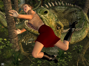 Картинка jasmine 3д+графика фантазия+ fantasy девушка динозавр лес