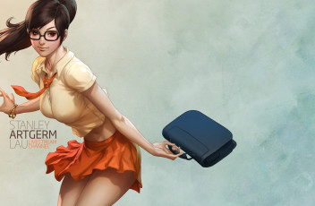 Картинка рисованные люди stanley lau фон очки сумка девушка